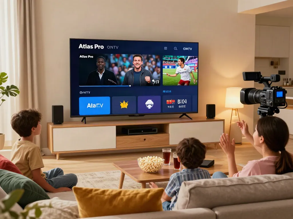 Vue d'un salon moderne avec Atlas Pro ONTV, montrant famille profitant de la télévision en direct.