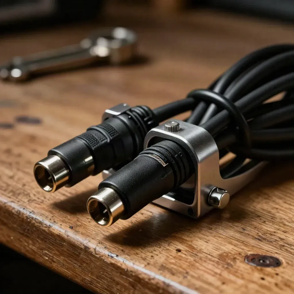 Interface audio noire avec câbles XLR et pince alu sur banc en bois.