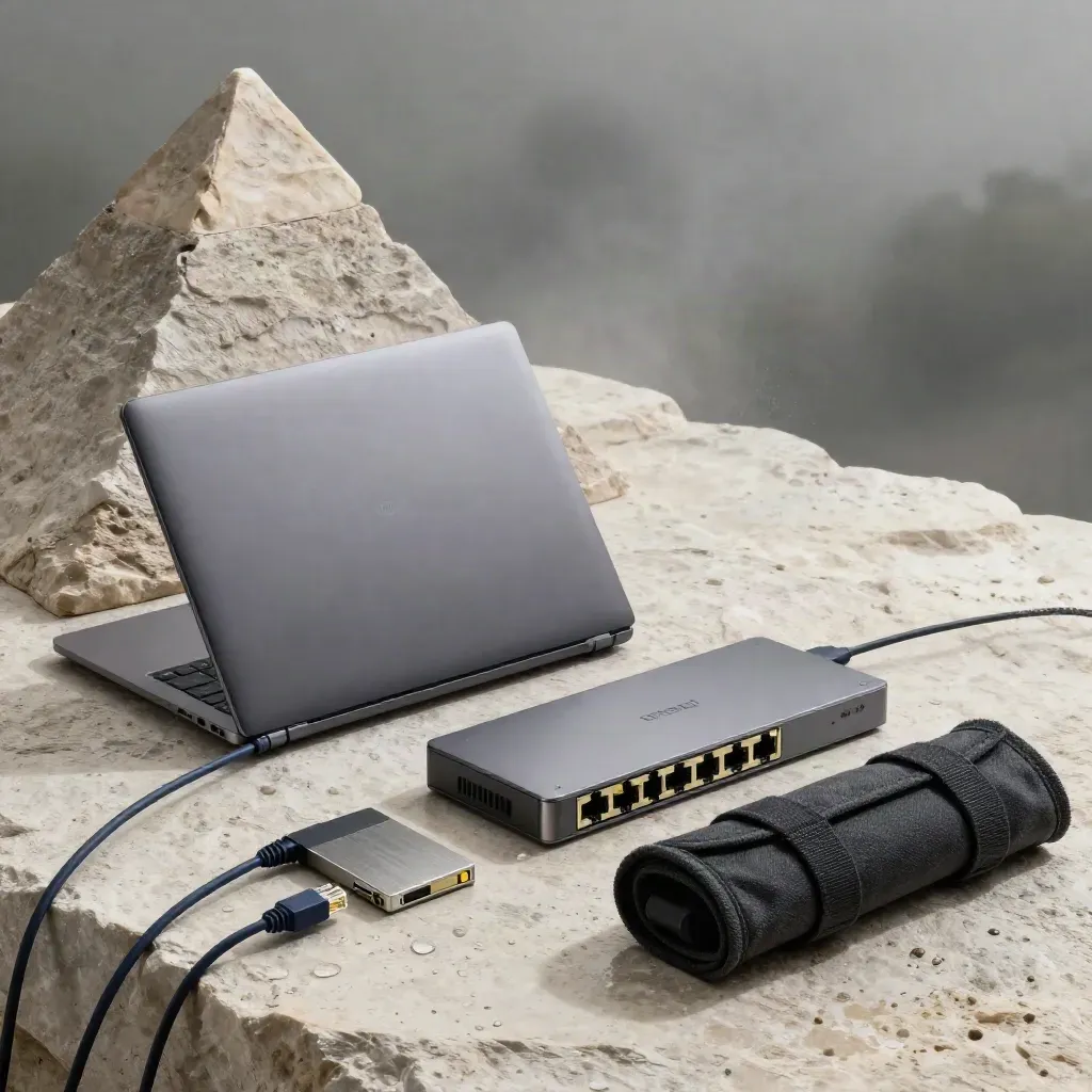 Ordinateur portable, switch réseau, SSD chiffré et câbles sur pierre humide au petit matin.