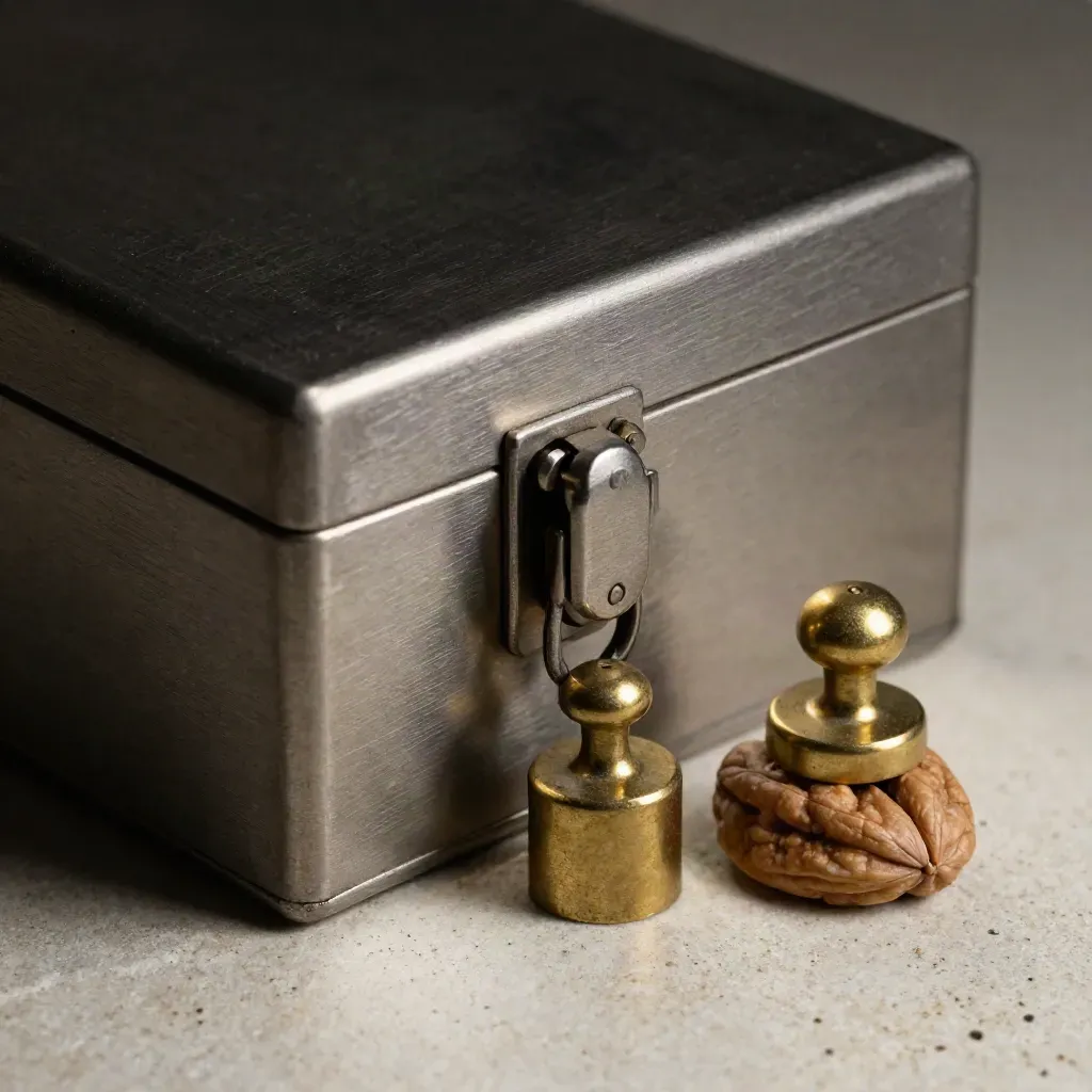 Coffret métallique scellé, deux jetons satinés et un poids en laiton sur pierre claire.