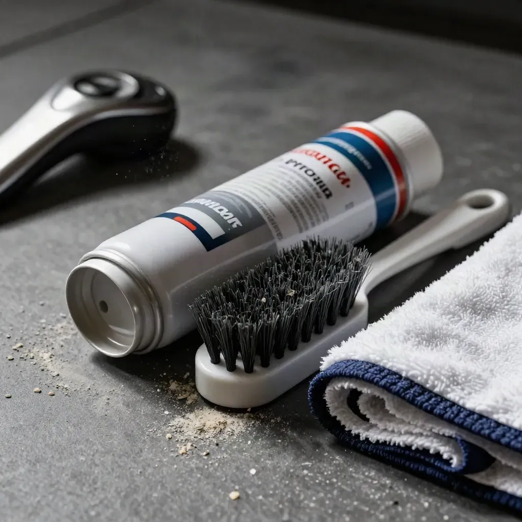 Bombonne d’air sec, brosse antistatique et chiffon microfibre sur établi graphite, poussière en suspension.