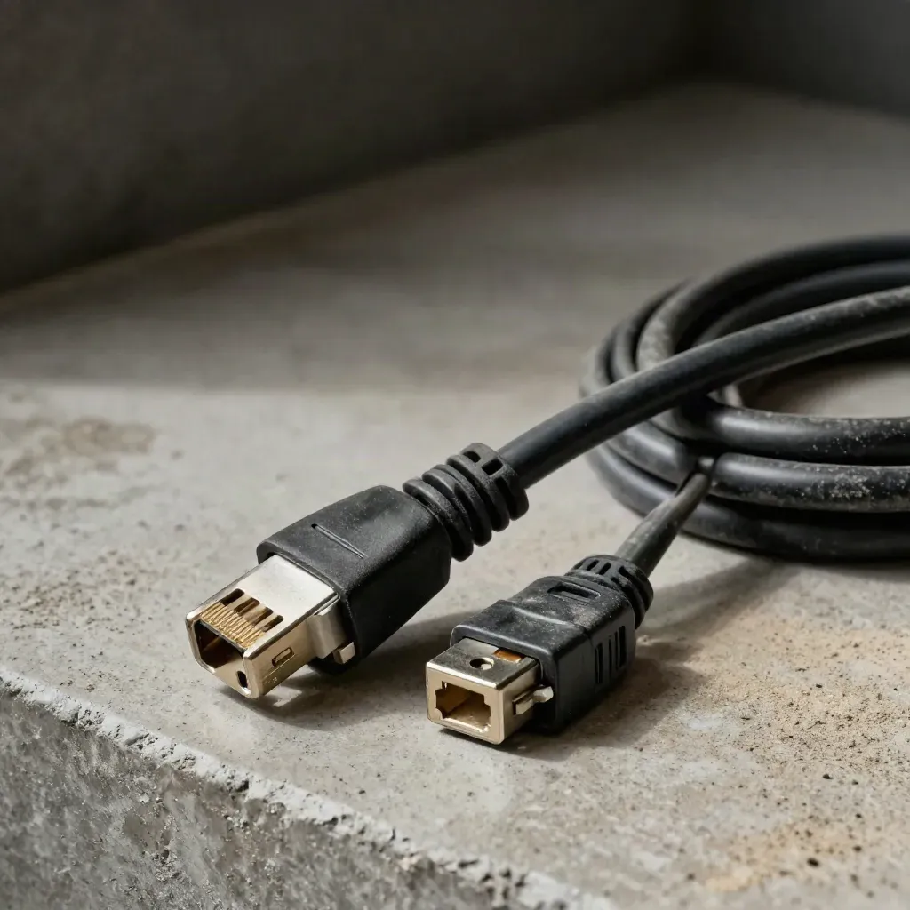 Fiche Cat6 blindée, prise keystone et câble réseau enroulé sur béton gris.