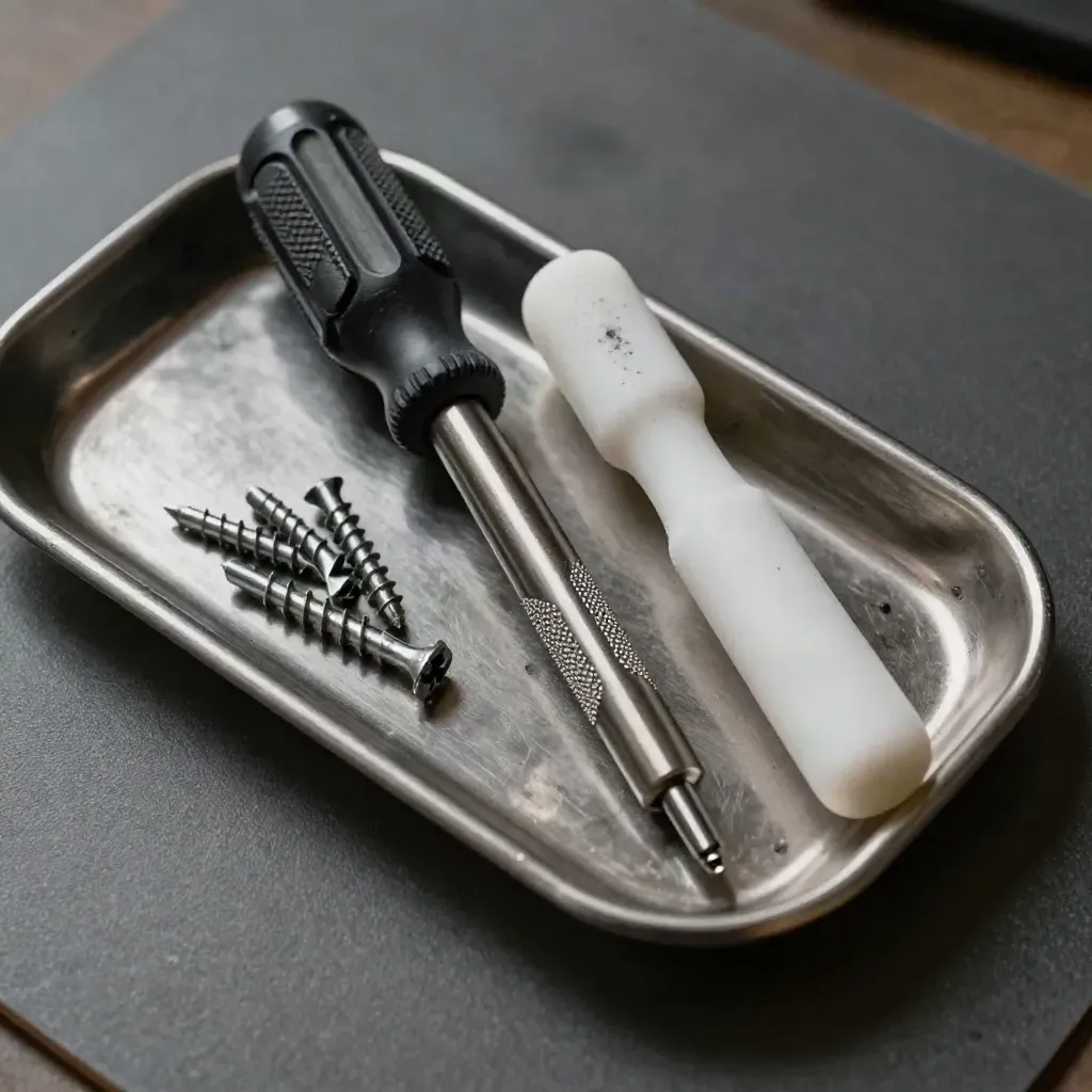 Macro d’un tournevis Torx, d’un spudger blanc et d’un bac de micro-vis sur surface graphite.
