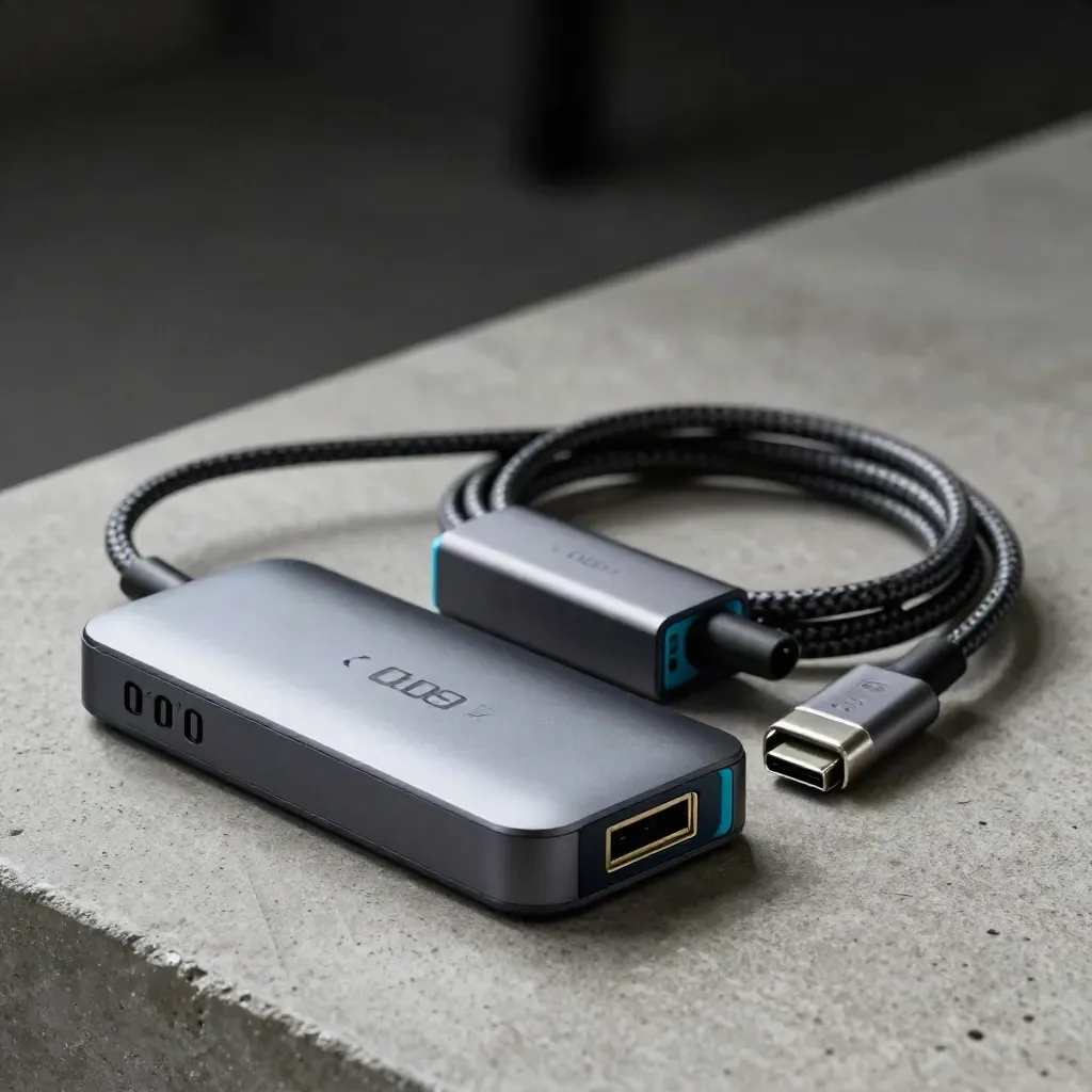 Dock USB-C, dongle casque et adaptateur réseau sur dalle grise, lumière dramatique.