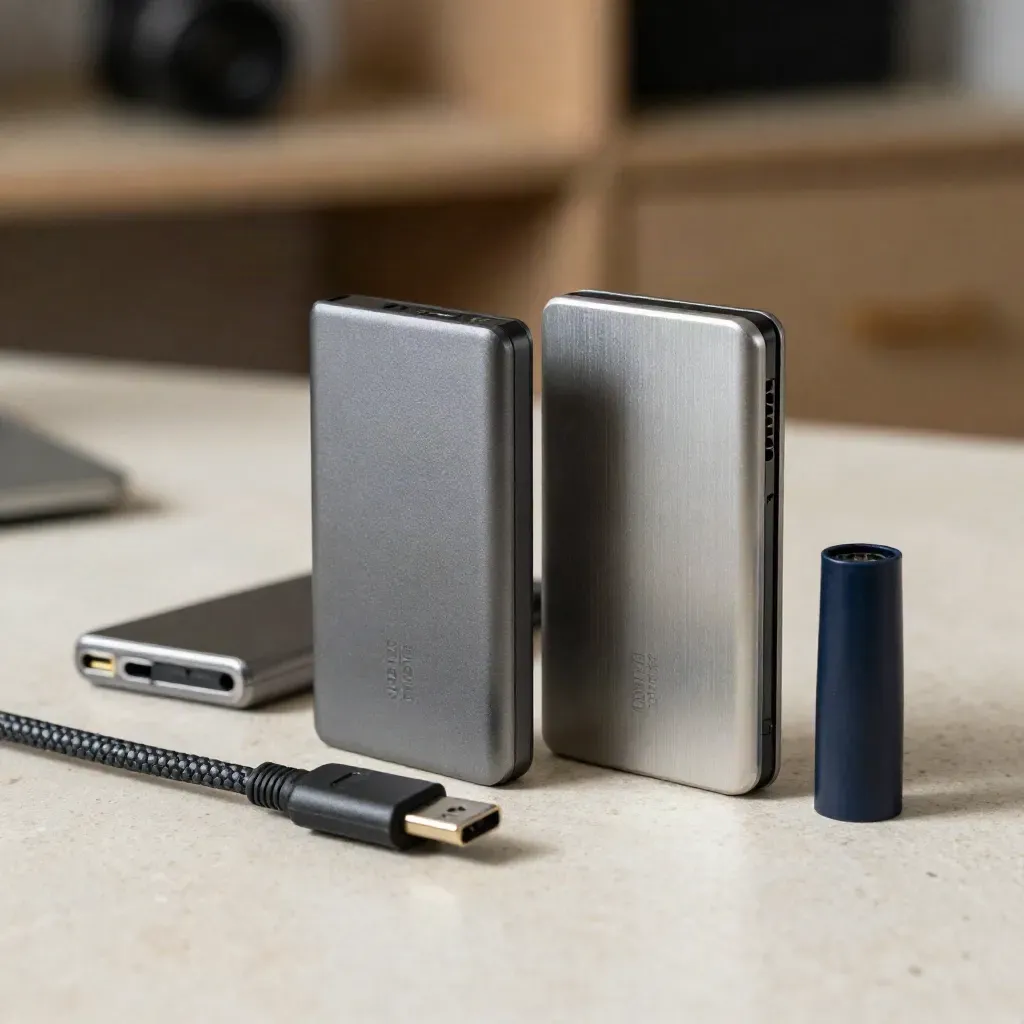 Deux SSD externes reliés par un câble USB-C avec capuchon, sur pierre claire.