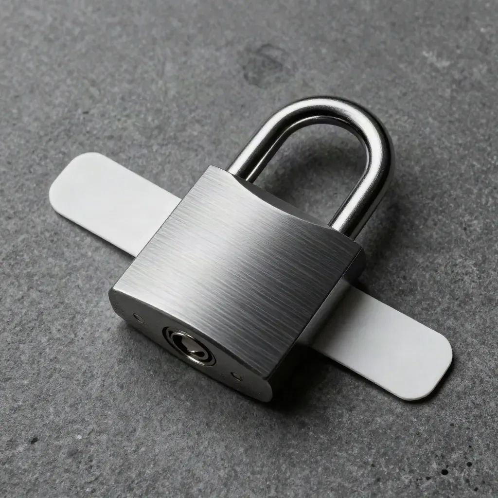 Clé de sécurité, cadenas métallique et bande d’inviolabilité sur pierre sombre, vue du dessus.