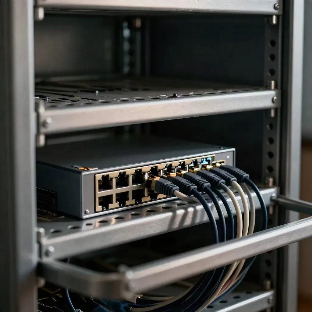 Switch réseau et alimentation dans une armoire rack, vue en gros plan.