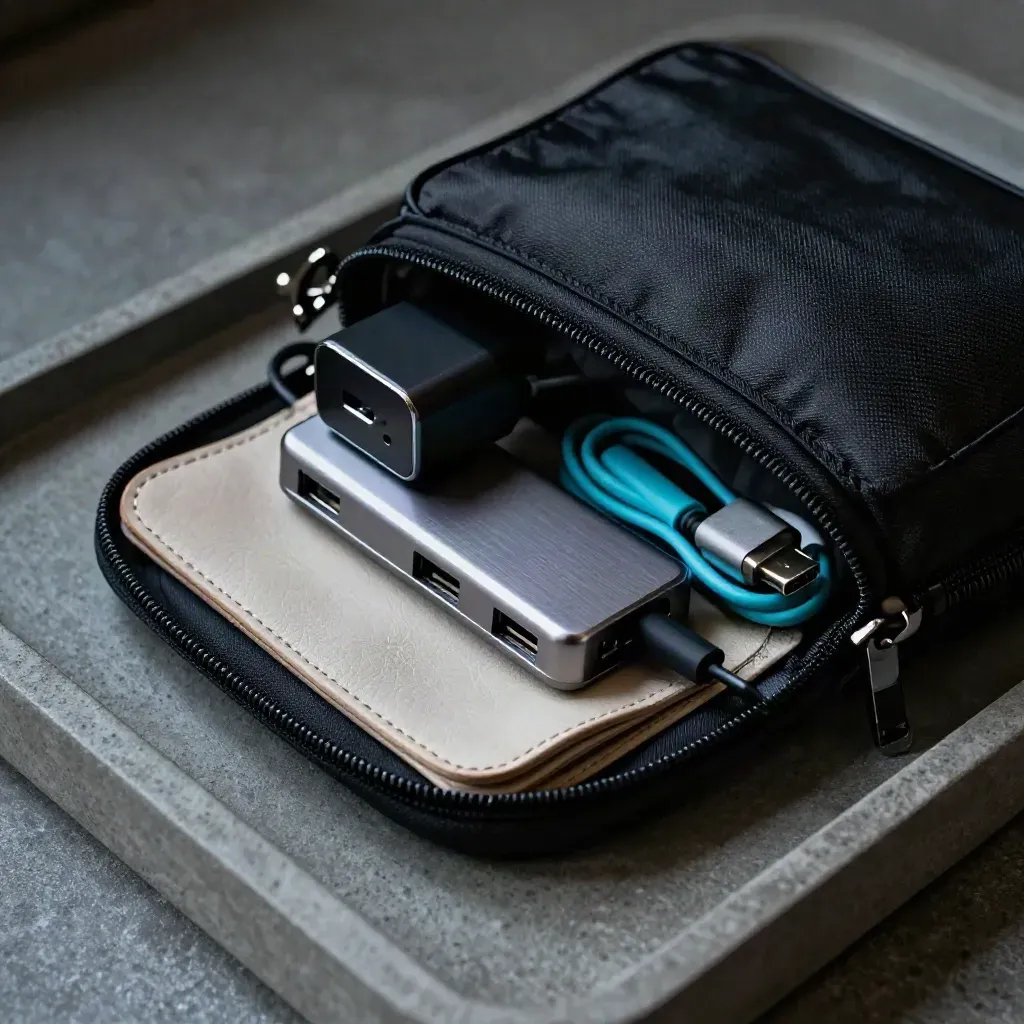 Étui tech ouvert avec chargeur, hub USB et SSD sur une surface en béton ardoise.