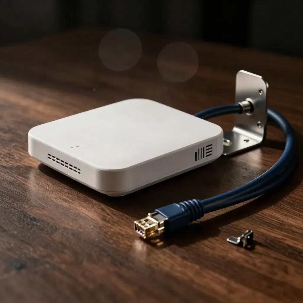 Point d’accès Wi‑Fi, câble réseau enroulé et support mural sur bois sombre.