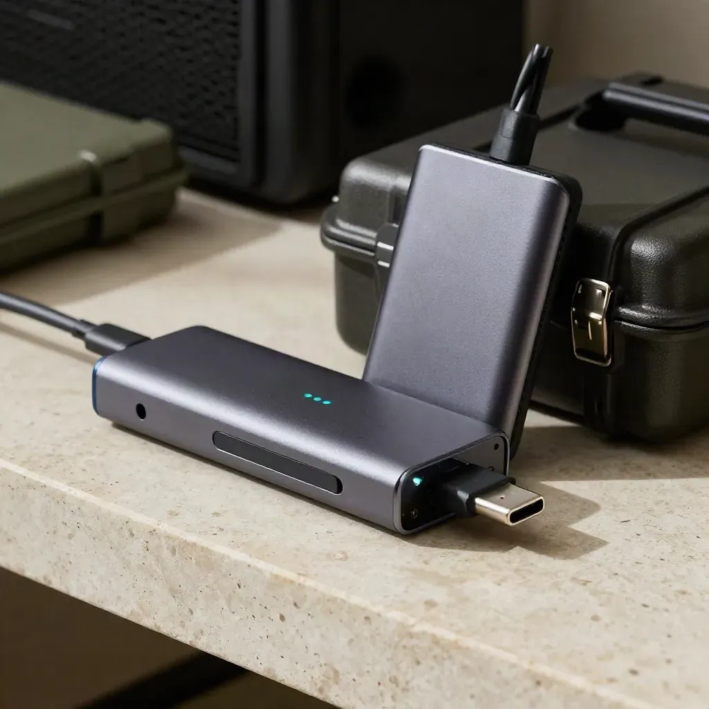 Disque de sauvegarde, hub USB-C et boîtier d’archivage sur une étagère en pierre, lumière rasante.