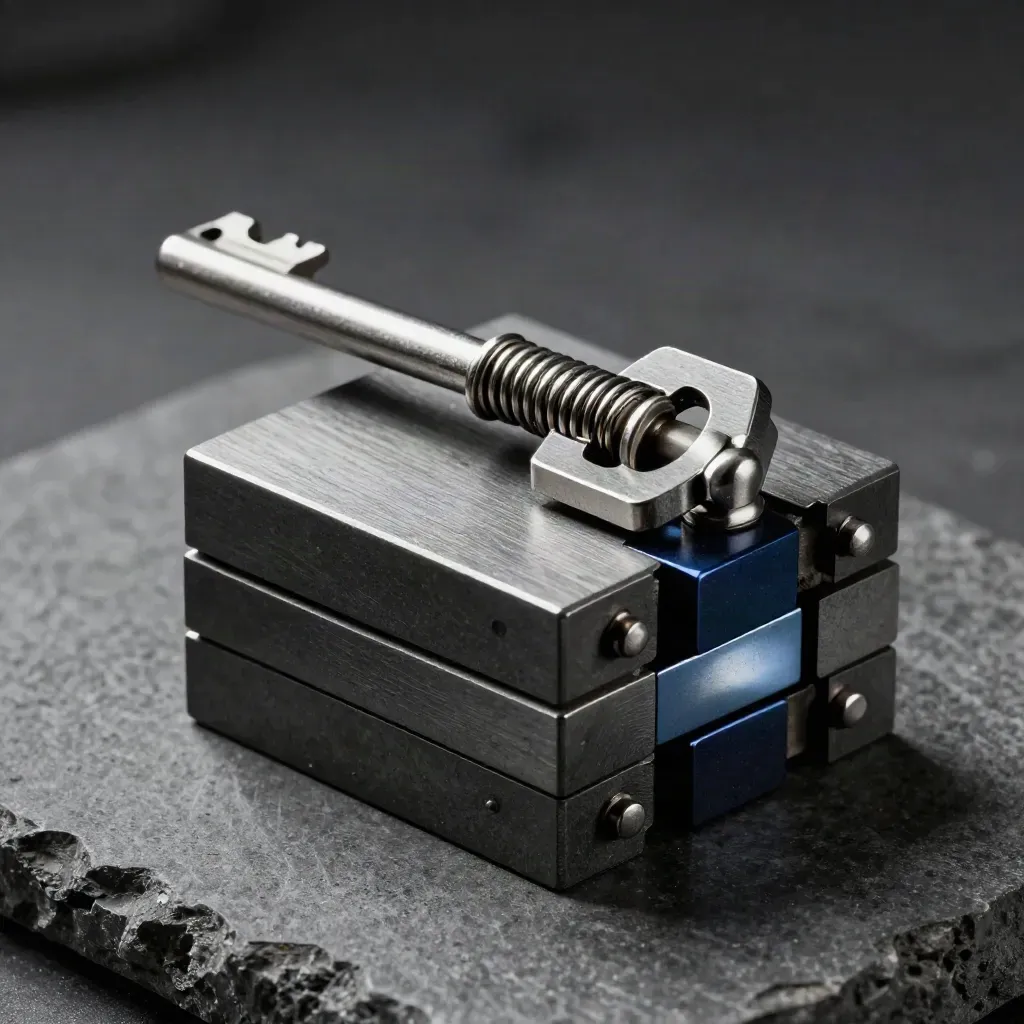 Blocs graphite et loquet métallique en assemblage modulaire sur pierre claire
