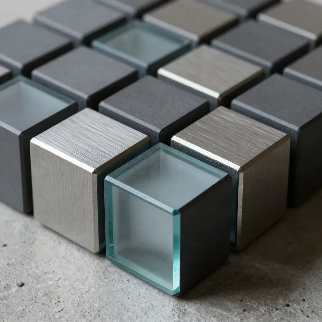 Modules cubiques mats, connecteurs en dovetail et verre dépoli en grille serrée.