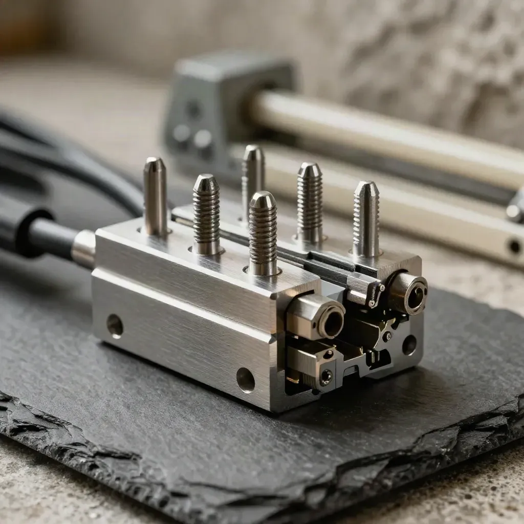 Gros plan de pièces métalliques de connexion en assemblage sur une surface graphite.